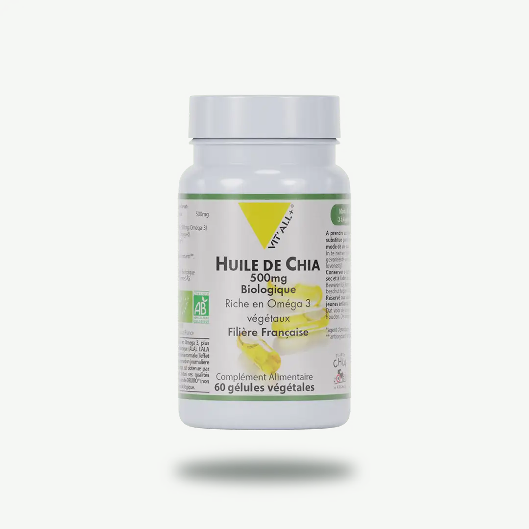 HUILE DE CHIA BIO* 500mg HUILE DE CHIA BIOLOGIQUE* 500mg - Riche en Omega 3 végétaux - Filière Française VIT'ALL+